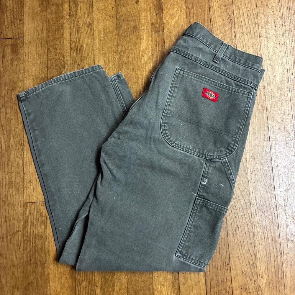 Dickies Distressed Carpenter Work Pants 34x30 Gray Faded Double Knee 1939RMS